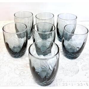 Set of 7 Libbey Tiara Blue Optic Swirl Glasses | Vintage Smoke Blue Tumblers
